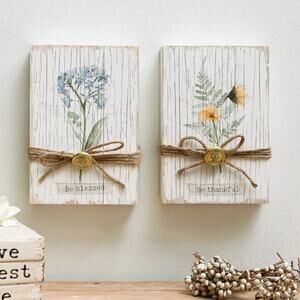 Original Barn Floral Wooden Signs Pair Be Blessed Thankful Distressed Farmhouse